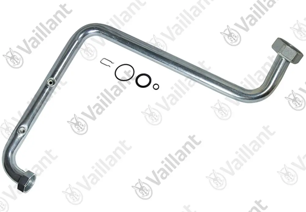 Edelstahlrohr von Vaillant mit gebogenem Verlauf, ausgestattet mit Gewinde und zwei Öffnungen. Dazu gehören O-Ringe und eine Sicherungsclip.